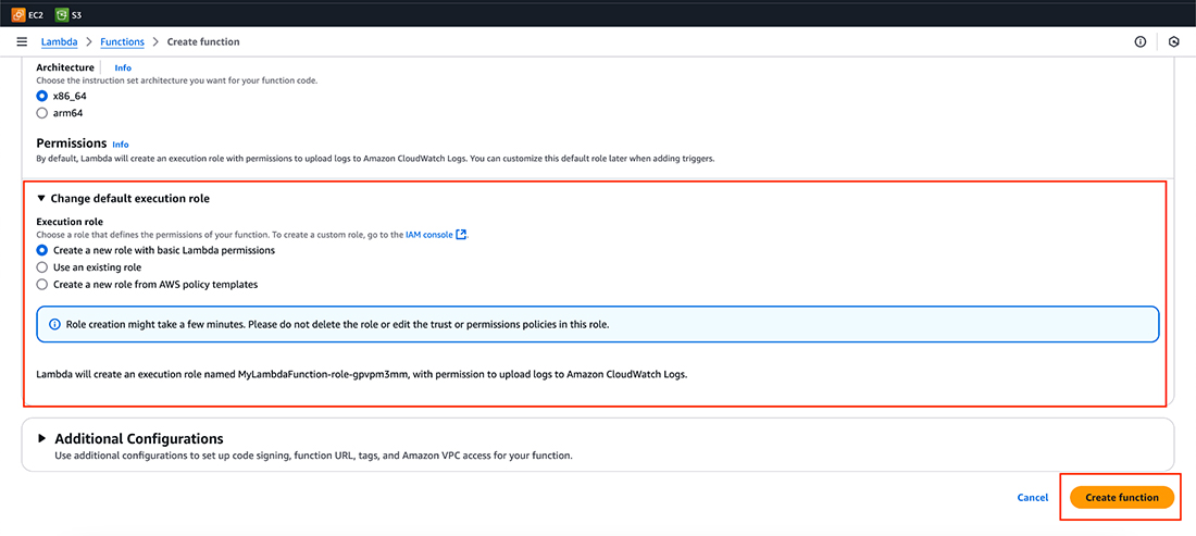 Change Default Execution Role and Create Function