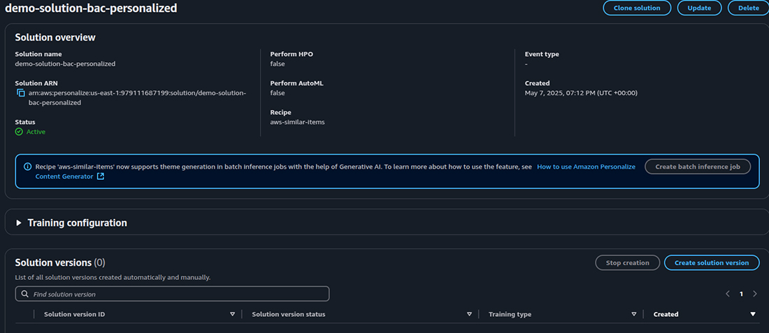 Click on Create solution version