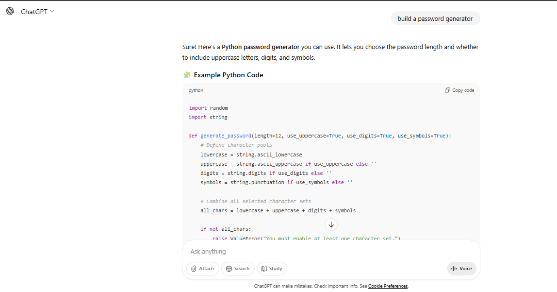 ChatGPT's response to the coding task
