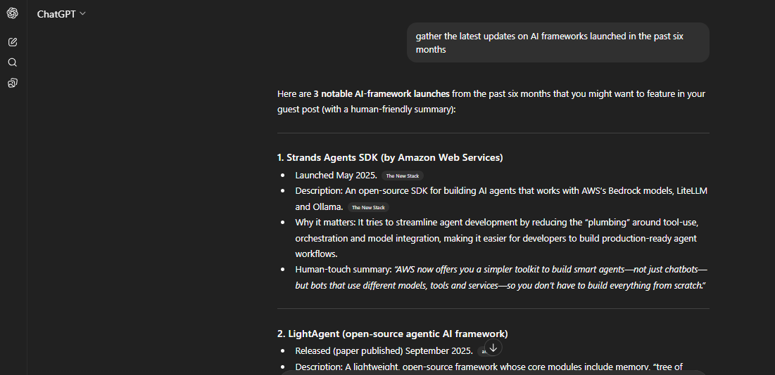 ChatGPT's response to the real-time information search task