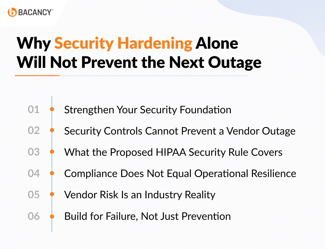 Infographic explaining why security hardening alone cannot prevent healthcare outages, covering vendor risks, HIPAA compliance, and operational resilience.
